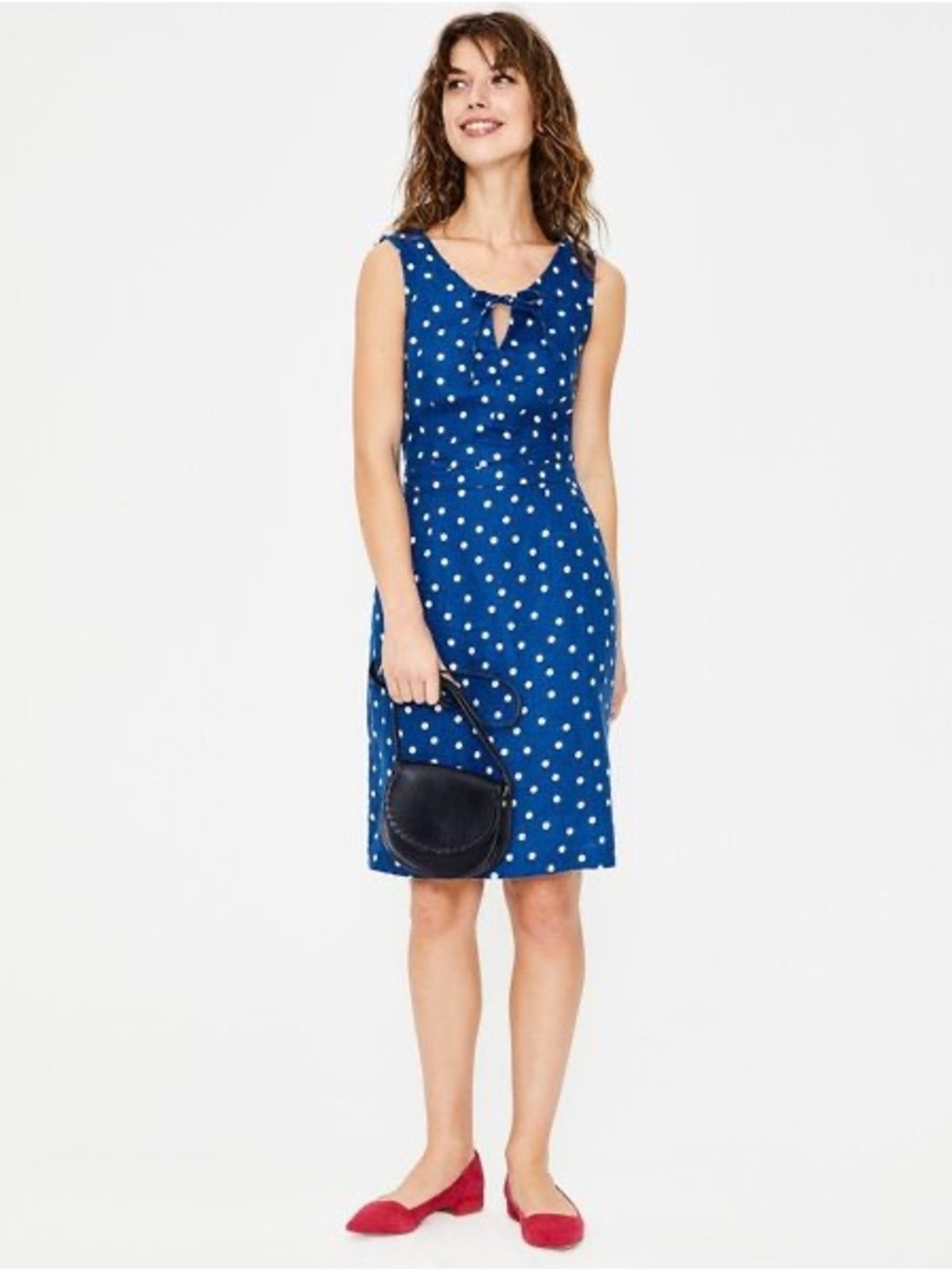 Boden Rae Dress Womenโs Size US 8R UK 12R Blue White Polka Dot 100% Linen